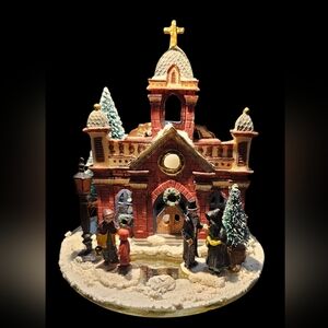 Village Church Tealight with Worshipers On Mirror Base